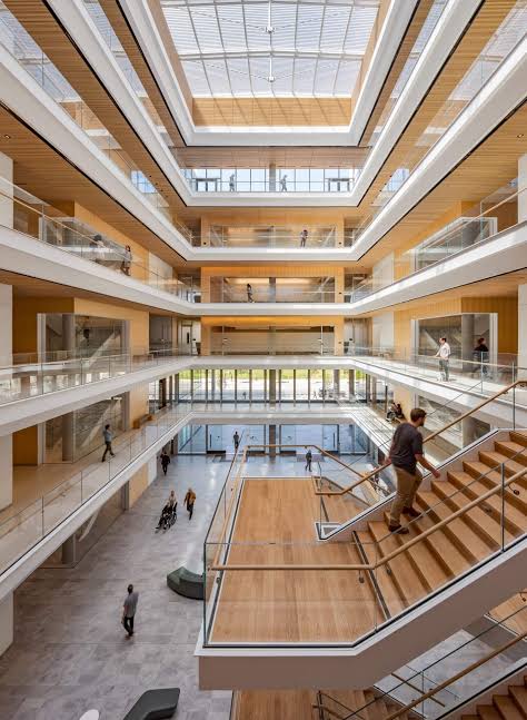 The multi-story atrium inside the Weill Institute for Neurosciences building