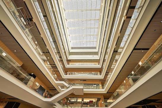 Looking up through the atrium skylight of the Weill Institute for Neurosciences building